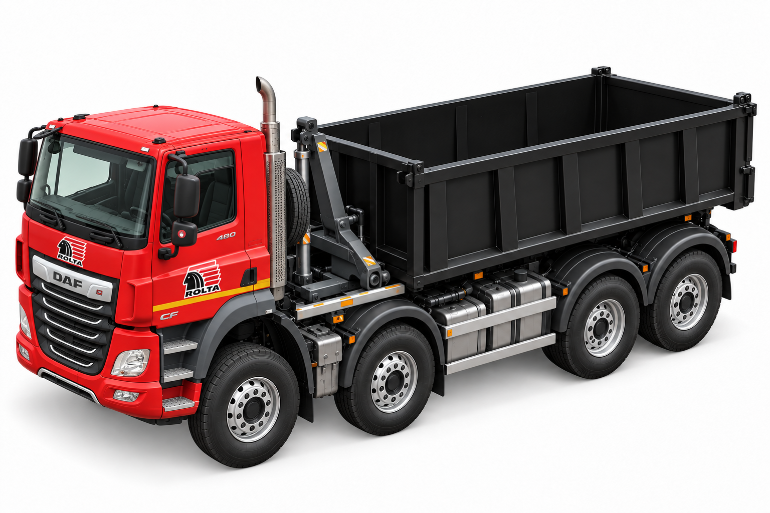 Červený DAF CF s menším čiernym kontajnerom ABROLL 20 m³