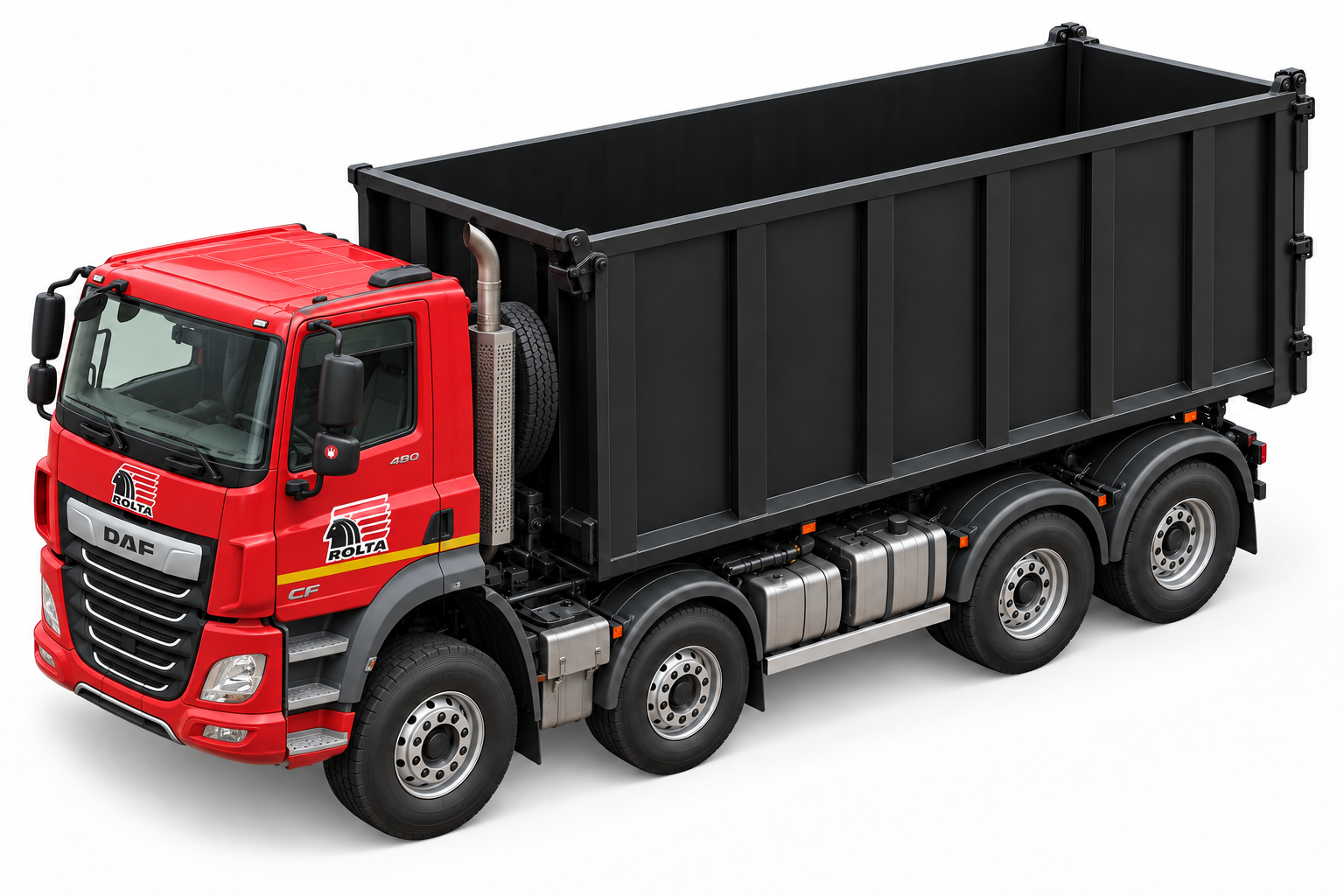Červený DAF CF s väčším čiernym kontajnerom ABROLL 40 m³